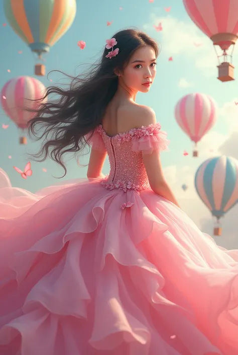 Real pinay girl   with pink ballgown with flowers baloons butterflies 