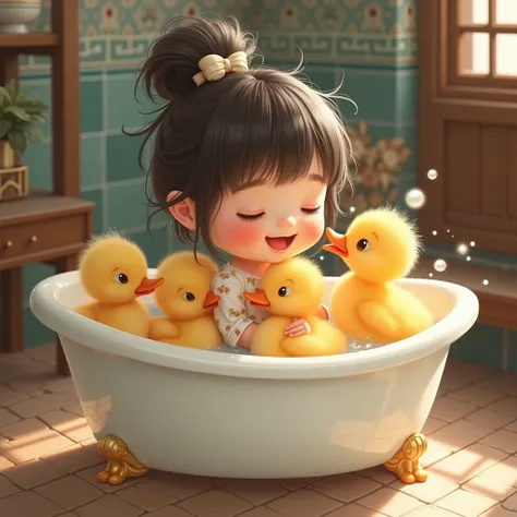 Lovely China,Playing with ducklings in the bathtub 