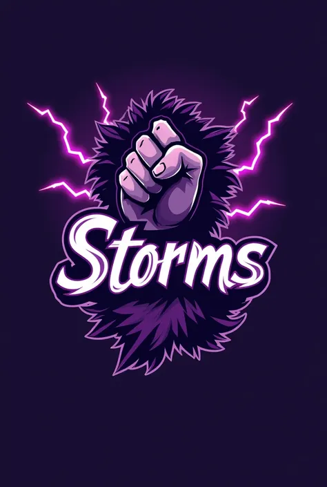 Uma logo de um time de volei feminino com o nome storms 💜 com a temática roxa uns raios roxos e uma mão segurando o raio