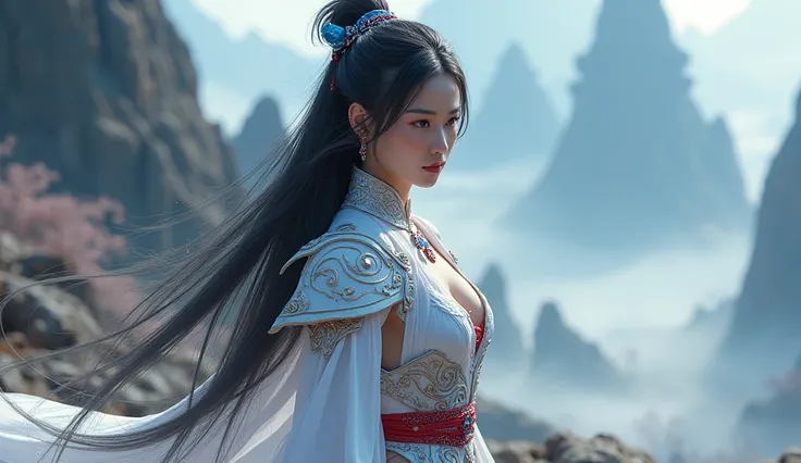 South Korea as an asiatic League of Legend sexy female creature principally in white, with a blue and carmine red ying yang somewere and black taeguks. Intricated clothing. Cinematic Fantasy sci-fi landscape background