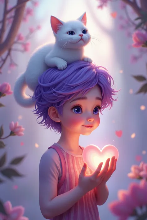 Boy with purple hair and a white cat on his head and a heart in his hand

