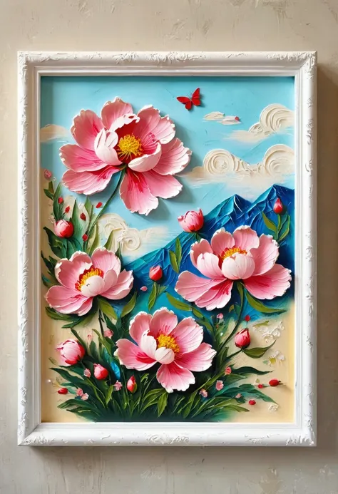 indoor，Beautiful scenery，A painting in a white plaster frame on an easel：(((Soft tones，Chalk painting，Oil stick painting，flight，Thick coating，Uneven texture，Plaster texture，Graffiti)))。Korean style framed decorative painting，3D Decorating，French style peon...