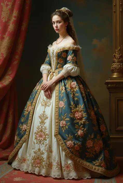 Full length portrait of a woman facing forward wearing a Rococo style dress from the 1700s