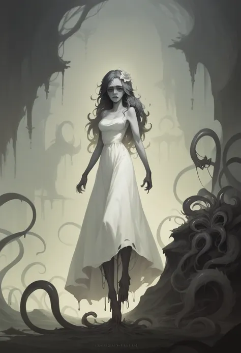 a sacrificial virgin woman, distressed expression, flower body decorations, beautiful detailed face and eyes, long eyelashes, airy sheer white dress, chained ankles, on a sacrificial nook on a cliffside, an eldritch beast with a slime blob body and many mo...