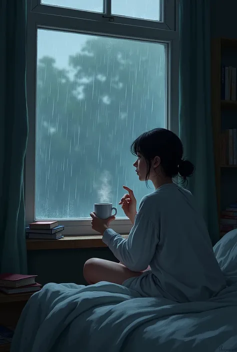 Girl in a room, watching the rain, with a messy bed with books two meters away from you lying on the bed, drinking hot chocolate,the room is black