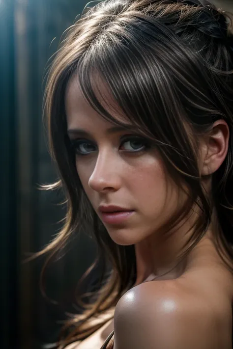 1girl, Jennifer Love Hewitt, beautiful detailed eyes, beautiful detailed lips, extremely detailed eyes and face, long eyelashes, from below, a tangle of rusty chains and new, chrome plated chains hanging from the heavens, a dimly lit place, a ray of light ...