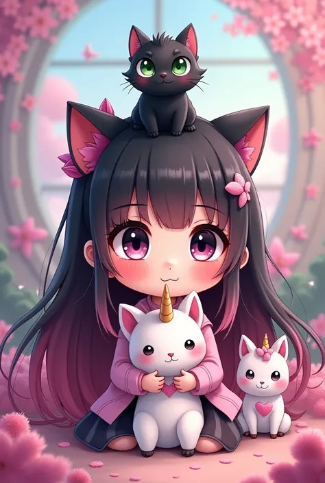 Girl with long pink and black hair and black eyes and a black cat on her head with green eyes and a unicorn stuffed animal in her hand, sitting, chibi anime style

