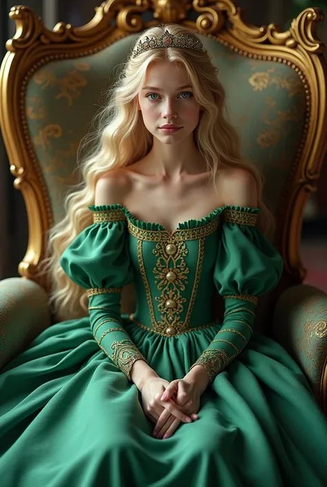 15 year old girl blonde blue eyes in green princess dress she is sitting in a princess chair the princess dress spread around the chair she is looking at the viewer 