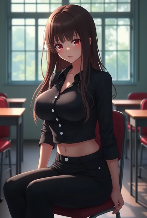 anime-girl, {{1 girl}}, Long hair, dark brown hair, Red eyes, black shirt with white buttons, Black pants, (Extremely detailed CG:1.4), Very detailed faces, School background, a dominant face, stay in the school yard, very sexy and curvy, her waist exposed...