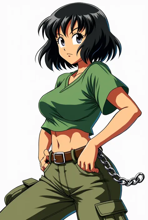 Dragon Ball GT Pan with shoulder-length hair wearing military pants and a chain in the pocket and a slightly baggy green short blouse 