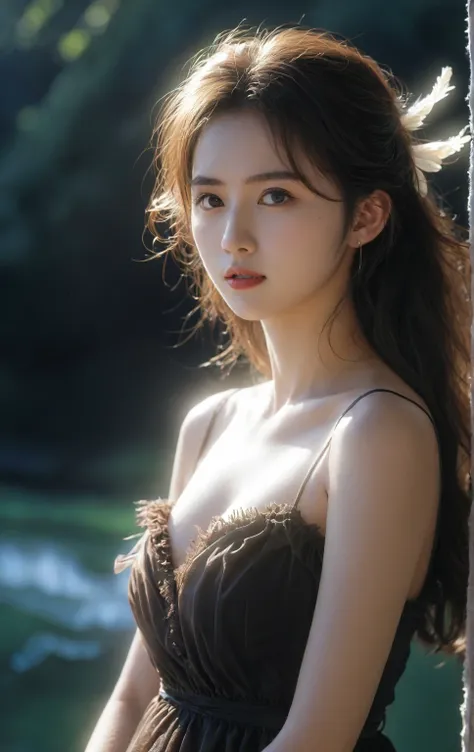 Fuzzy. That girl&#39;Her lips opened slightly，Bare shoulders. Her clothes are a bit messy.，Seems to be taking off clothes,Showing off the transparent dress. Her eyes are brown，Hair is a mix of black and brown. The picture presents a dreamy feeling,wet look...