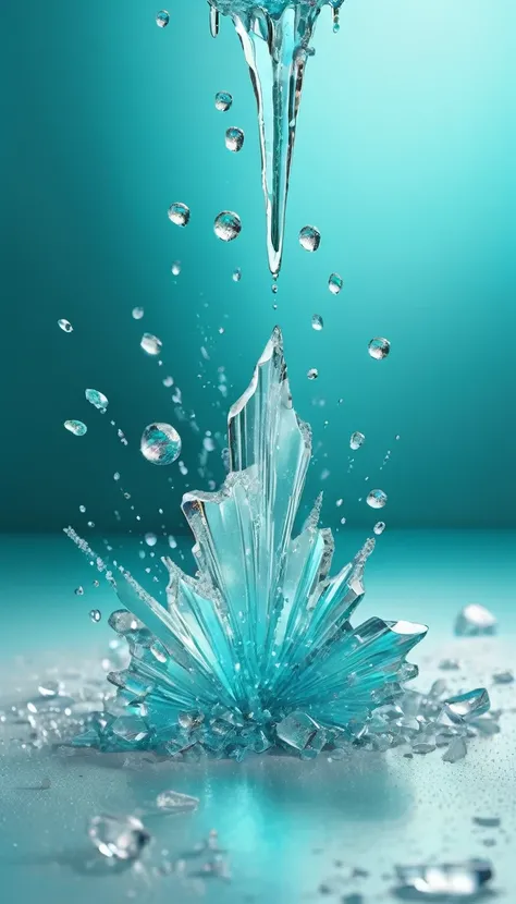 conceptual installation art, falling ice drops, shattering on the ground, background iridescent Tiffany Blue, (ultra detailed, absolutely resolution, best quality:1.3), 2.5D, delicate and dynamic effects, glitter effects, artistic, artistic photography, hy...