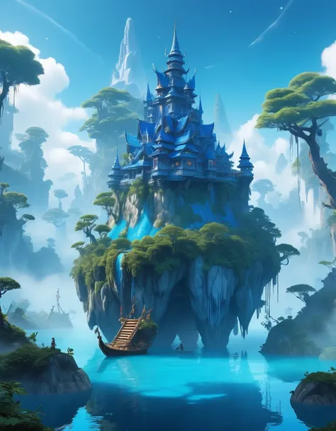 its exterior is covered in bright blue fur.，long tail，magical forest, and floating islands. shining sparkle, mysterious fog, and...