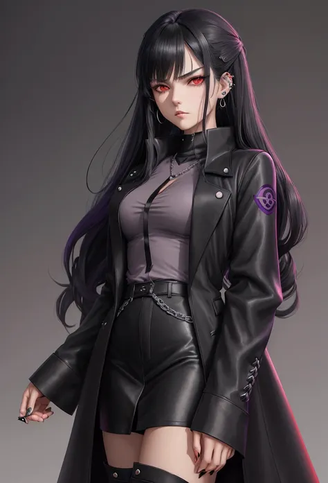 More mature anime style image. A gray background image. A teenager, long black hair loose with a side bang, red eyes, with piercings in both ears and a serious expression, wore a purple long-sleeved blouse and a black overcoat on top, black pants underneat...