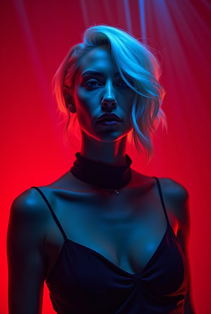 Portrait of Lady Gaga with blue amber lights illuminating most of it and lights coming from below in a studio with an empty red background studio lights