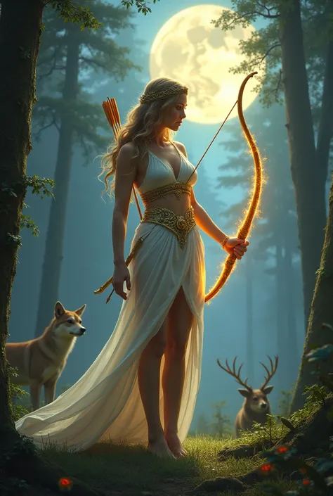 greek goddess artemis, with a bow and arrow, arrows tucked at her back, holding her mystical glowing bow, elegant white golden dress, cleavage, thigh, sexy, hunting, forest, full moon, moonlit, multiple guardian animals around her