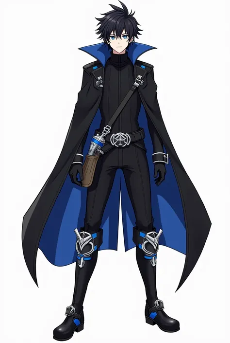 Drawing of a character in the art style of RWBY. Ele tem pele clara, bright blue eyes and black hair cut similar to Noctis from Final Fantasy 15. He wears a black overcoat with a high collar., with the inside of the collar in dark blue. The coat is open, r...