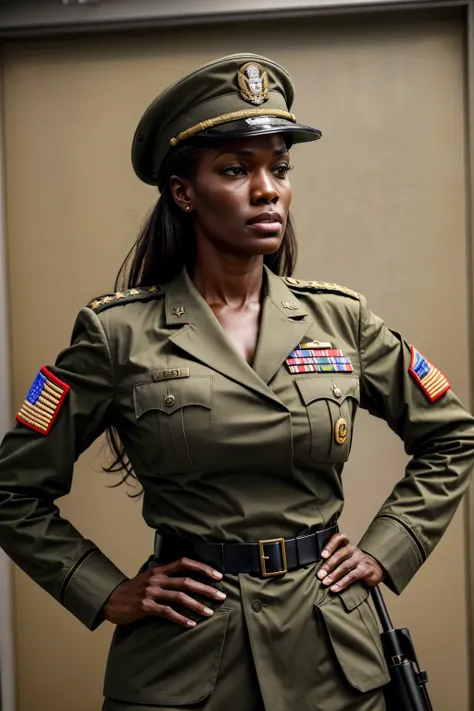 photo of iza woman, dressed as a us army general {military uniform and hat}, on alert, looking angrily at the spectator, in a he...