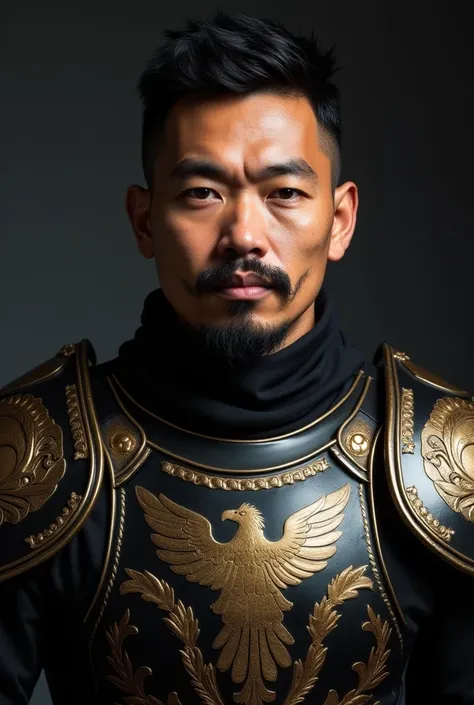 photography of a 33 year old Indonesian man, firm face with a bushy moustache, muscular and sturdy body, wearing a tight black Gatotkaca armor with golden motifs