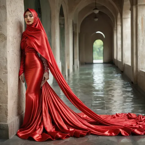 A woman shrouded in a 10-meter-long, plush red satin cloth, tightly bound and grandly draping along the form of her body, flowing off into a pooled floor-length train, styled in a mermaid-inspired outfit, her head modestly veiled in a satin hijab, tall wom...