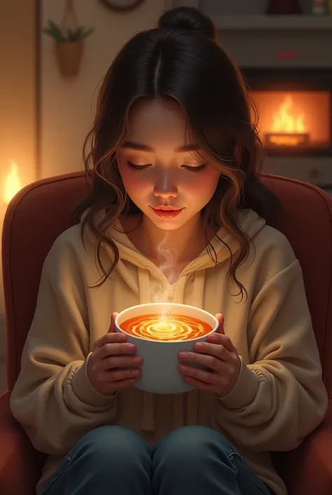 Cozy, a girl sipping a soup 