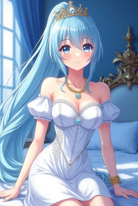 An anime-style medium shot of a hot cute girl with a long ponytail and light blue hair. She is wearing a white princess sleeve dress with a shoulderless top. She has a diamond crown on her head and a diamond necklace around her neck. She is also wearing a ...