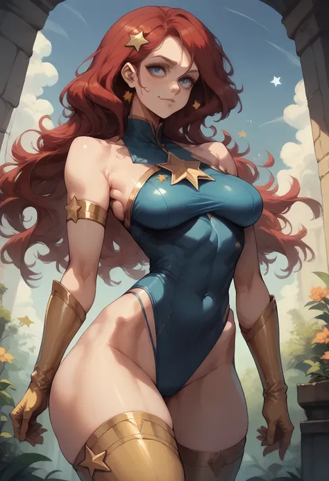 sexy,superheroine, red hair, long hair, busty, ((blue highleg leotard with a t-back thong and a gold star insignia on chest)), g...