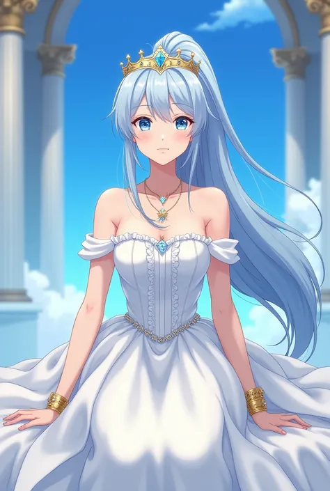 An anime-style medium shot of a hot cute girl with a long ponytail and light blue hair. She is wearing a white princess sleeve dress with a shoulderless top. She has a diamond crown on her head and a diamond necklace around her neck. She is also wearing a ...