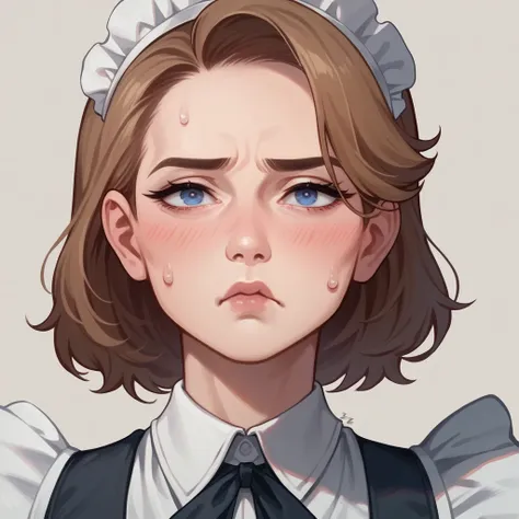 1girl, ellen joe (from zzz), maid, cute, a little sweat, close-up, serious look, sharp eyes, blushing, pout, medium lips,("detai...