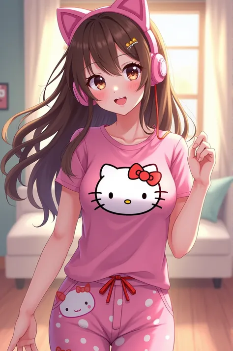 Female anime character brown hair pink cat headphones hello kitty shirt and pink hello kitty pants 