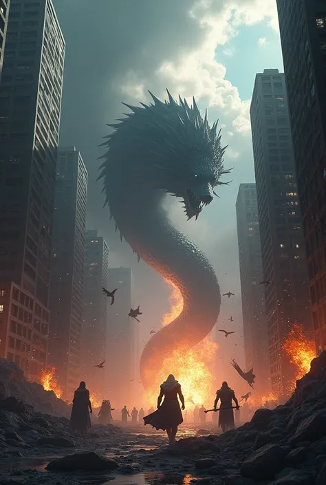 The apocalyptic event of Norse mythology, Ragnarök, represented in a contemporary city. You can create an image where giants and mythological monsters like Jörmungandr (the world serpent) and Fenrir (the giant wolf) emerge between skyscrapers and streets, ...