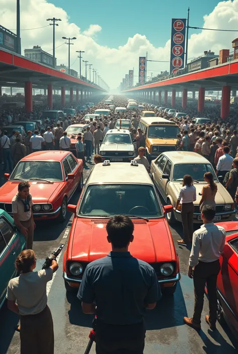 A filling station with a too much crowd in their premises and an attendant holding a nozzle 