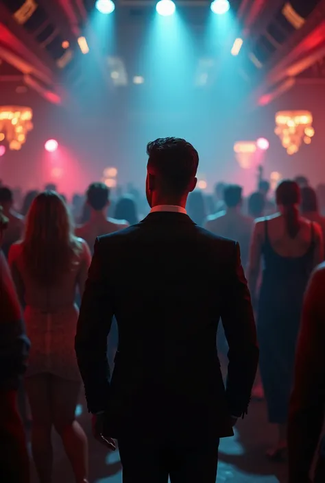 (Far distance camera angle),Very handsome man(elegant,fullbody) is walking at the crowded clubs watching some one, perfect lightings, smokey rooms, so many man and girls dancing and loughting, depth of field, first-person view, f/1.8, 135mm, Nikon, UHD, re...