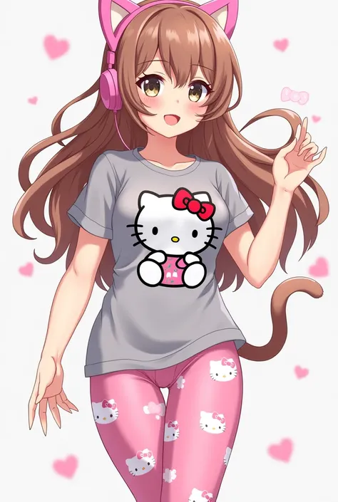  female anime character brown hair pink cat headphones grey hello kitty shirt and pink hello kitty pants 