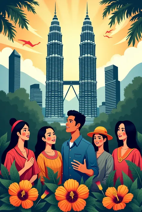 Poster promoting Malaysia with KLCC , different races , hibiscus Malaysia flag 

