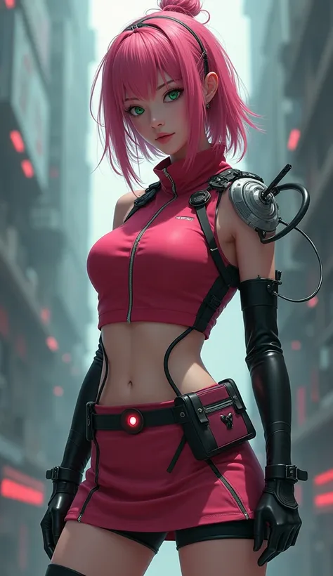 Ultra HD 8K digital painting, kunoichi, pink hair, emerald green eyes, red sleeveless top, high collar, zipper, white circular design on back, short pink skirt, black compression shorts, black gloves, black shinobi sandals, tied headband, short haircut, da...