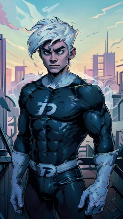 (1boy, danny phantom), (extremely detailed CG unit 8k wallpaper),(master part), (best quality), (ultra detail), (best illustration),(art adams style), cowboy shot, (Sharp eyeliner, ombre, detailed eyes:1), city, outdoors background, ,break , (Dan Mumford B...