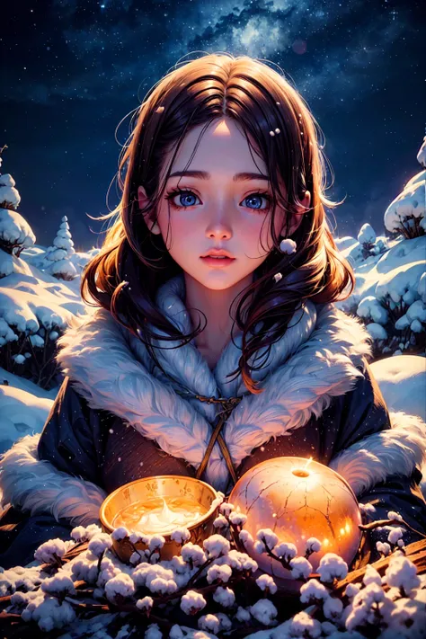 a beautiful young girl, drinking hot cocoa, Sapporo Snow Festival, stunning natural landscape, highly detailed anime style, concept art, wide shot, intricate details, soft lighting, cozy atmosphere, winter wonderland, delicate facial features, long eyelash...