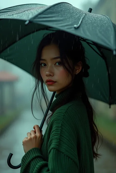 Woman with small eyes, Oval face, long hair in umbrella in the rain wearing a green sweater