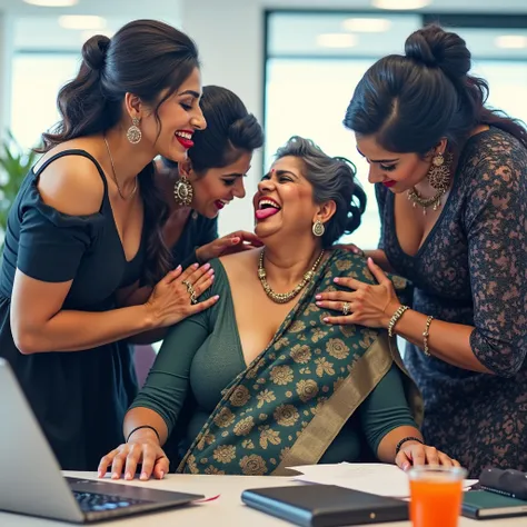 in luxerius office items sorrounded bright lighted modern indian office,A 60 years old eldery indian lady and three 40 years old mature indian ladies,total 4 ladies involving and licking their hairs of each others wildly,First 40 years old mature indian la...