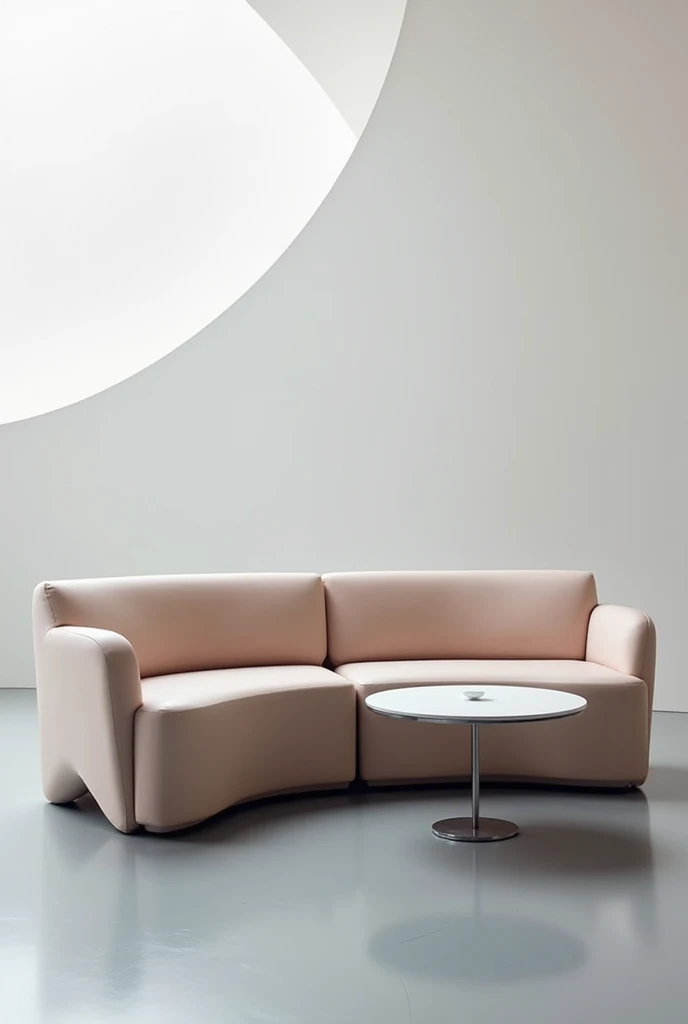 A sofa for two people , futurist whose motto is the encounter ,in modules ,straight shapes, with integrated table 
