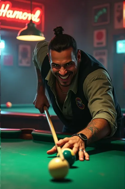 GTA character playing snooker and smiling
