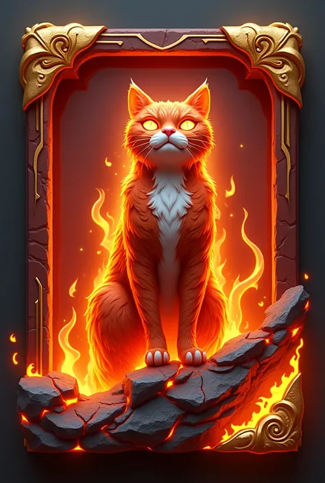 Create a 3D stylized card frame for a fiery cat character with a strong, bold structure that complements the characters design. The frame should be sleek and modern, using deep red, fiery orange, and molten gold shades with glowing ember effects around the...