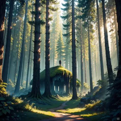 pixel art, forest, Intricate, showy, high contrast colors, Very detailed, high quality, made by Aase Berg, panoramic shot, cinematic lighting