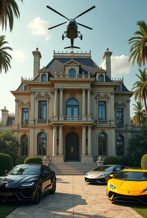 A mansion with a helicopter on top, with an army inside and two Lamborghini Urus, a yellow ferrari and a black Corolla