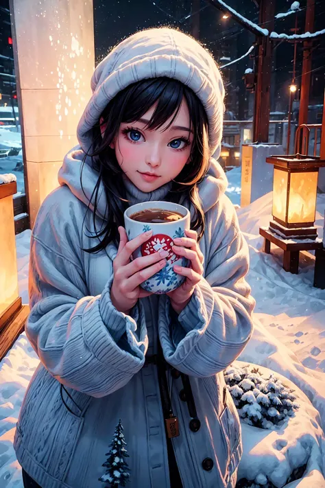 a beautiful young woman in a warm embrace, enjoying a hot drink at the Sapporo Snow Festival, detailed winter landscape, 8k, highly detailed, photorealistic, concept art, widescreen, magical winter atmosphere, glowing lanterns, snowflakes, warm lighting, s...