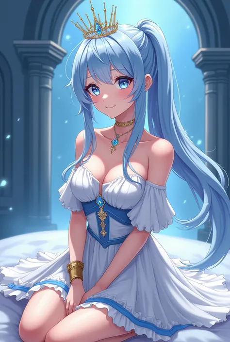 An anime-style medium shot of a hot cute girl with a long ponytail and light blue hair. She is weari warrior dress with a shoulderless top. She has a diamond crown on her head and a diamond necklace around her neck. She is also wearing a golden bracelet on...