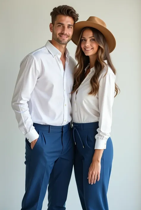 20 years old a handsome guy wore white shirt and deep blue hammer pants and his girlfriend wore plain Co-ord Set and a cute hat front photo 