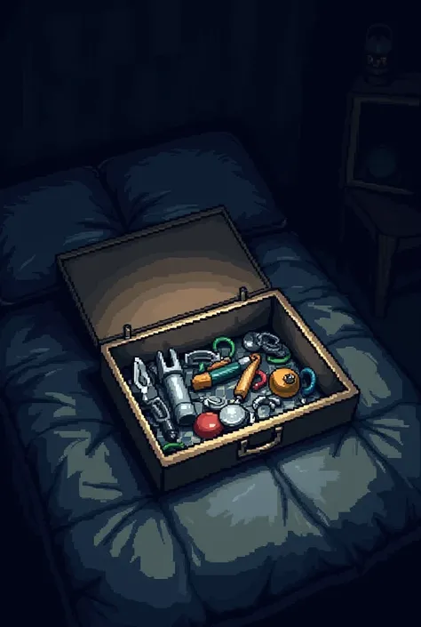 Spawns a box under a dark bed, In that box there are various gadgets and various things but what stands out most of those things is a knife, All this with a video game-like pixelated style similar to the visual style of Undertale. 