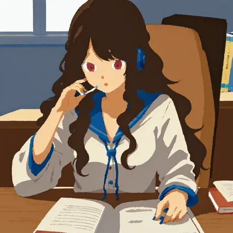 a college girl with medium-length wavy hair, studying at a desk while doing his university thesis listening to music